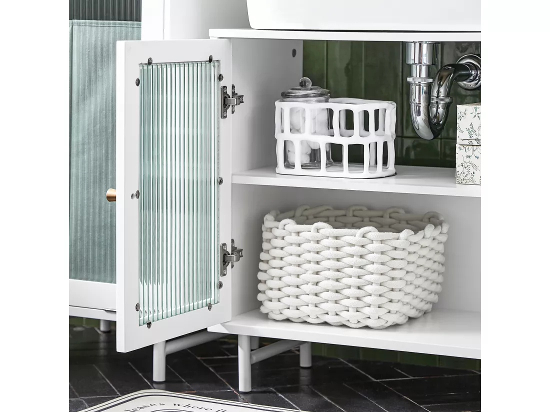 SoBuy BZR115-W Meuble sous Lavabo Salle de Bain, Meuble sous Évier, Armoire de Rangement pour Vasque sur Pieds avec 2 Portes en Verre, Blanc