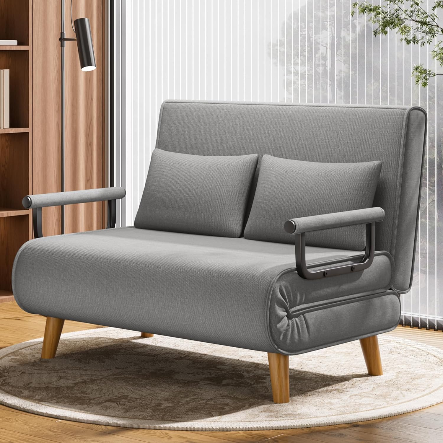 Xbro Schlafsessel mit Bettfunktion, Schlafsofa 2-Sitzer mit 6-Stufig Verstellbarer Rückenlehne und 2 Kissen, Sessel mit schlaffunktio für kleine Wohnung (Hellgrau)