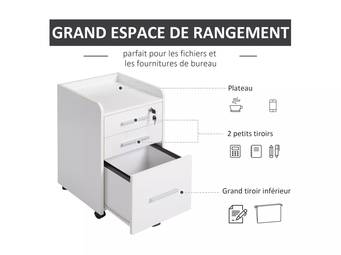 Caisson de bureau rangement bureau sur roulettes 3 tiroirs 1 verrouillable 1 trieur dossiers MDF panneaux blanc
