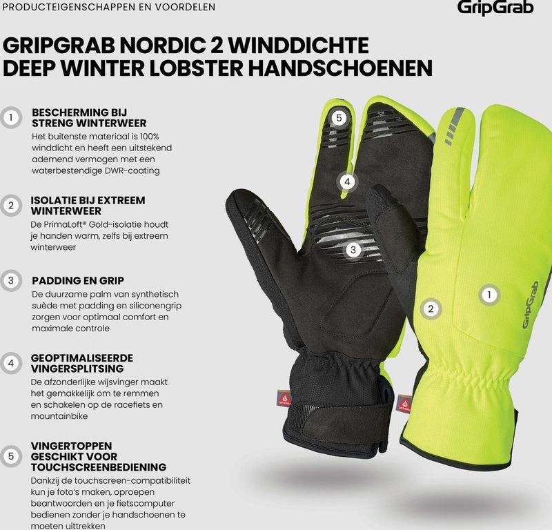 GripGrab Nordic 2 Windproof Strenge Winter Lobster Fietshandschoenen Geel Hi Vis Unisex