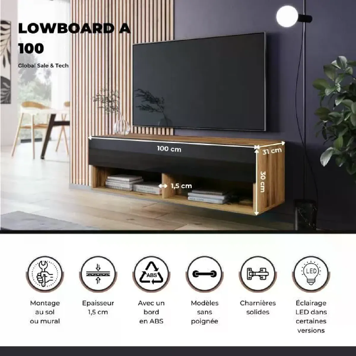 Other Brands Meuble TV suspendu Lowboard - Effet chêne Wotan