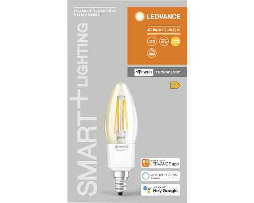 Ledvance Smart WIFI Filament LED kaarslamp, dimbaar, B40 E14/4W (40W), helder, 470 lm, 2700 K, warm wit