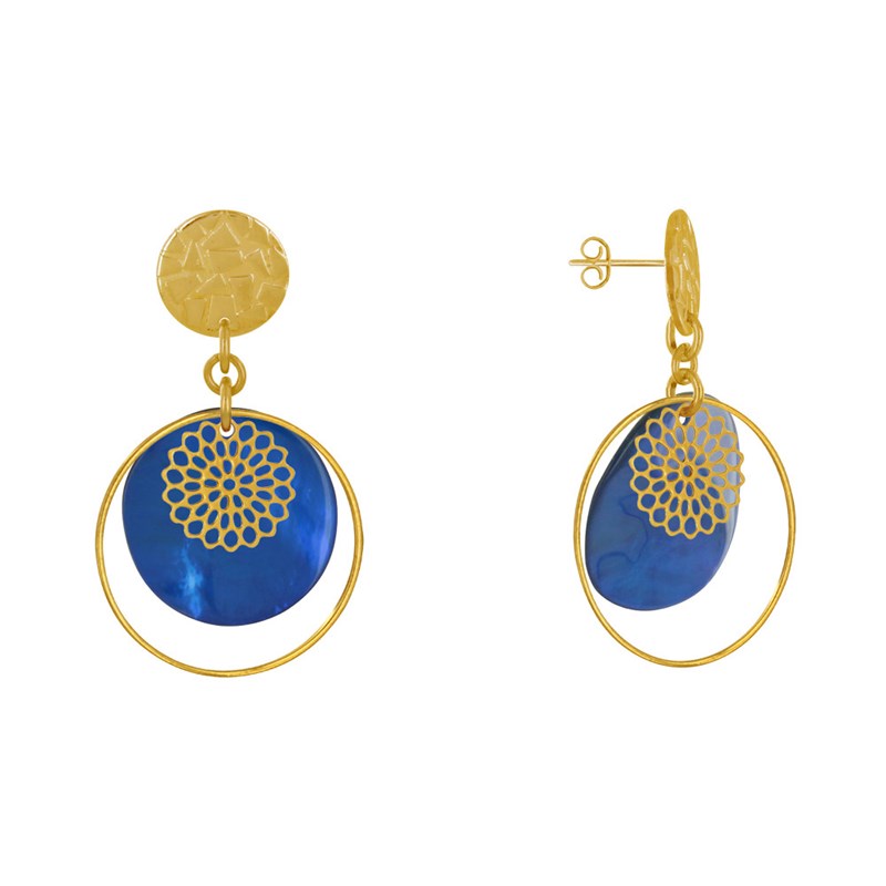 Boucles d'Oreilles Clous Métal Doré Cercle et Pastille de Nacre