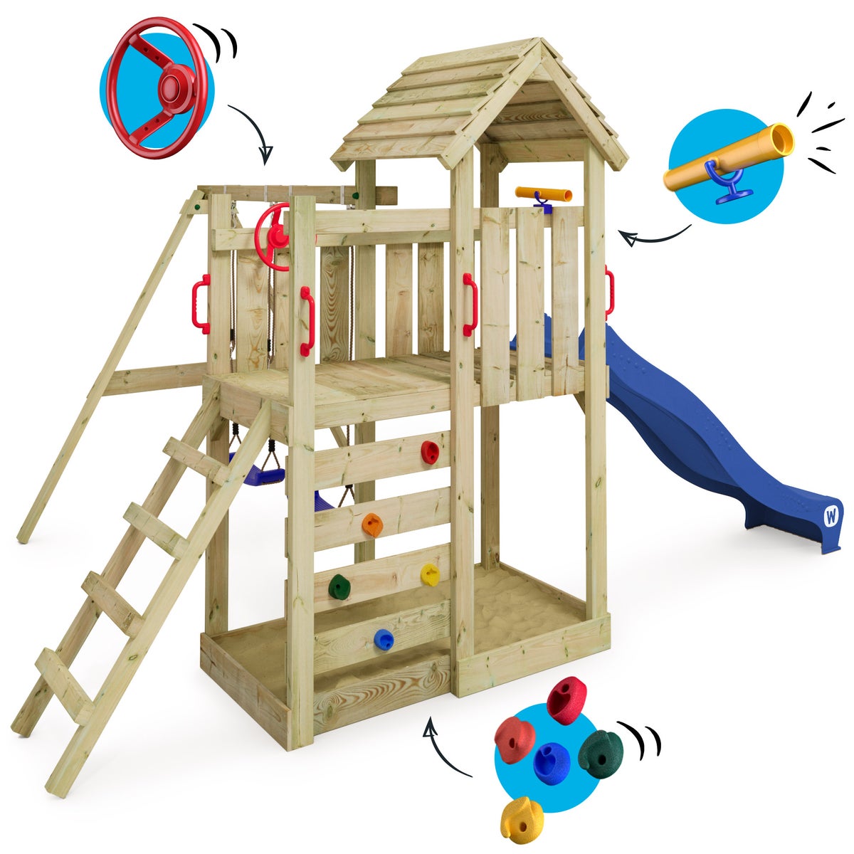 WICKEY MultiFlyer Houten Dak Klimrek met Schommel en Glijbaan, Klimtoren met Houten Dak, Zandbak, Ladder en Speelaccessoires - Blauw