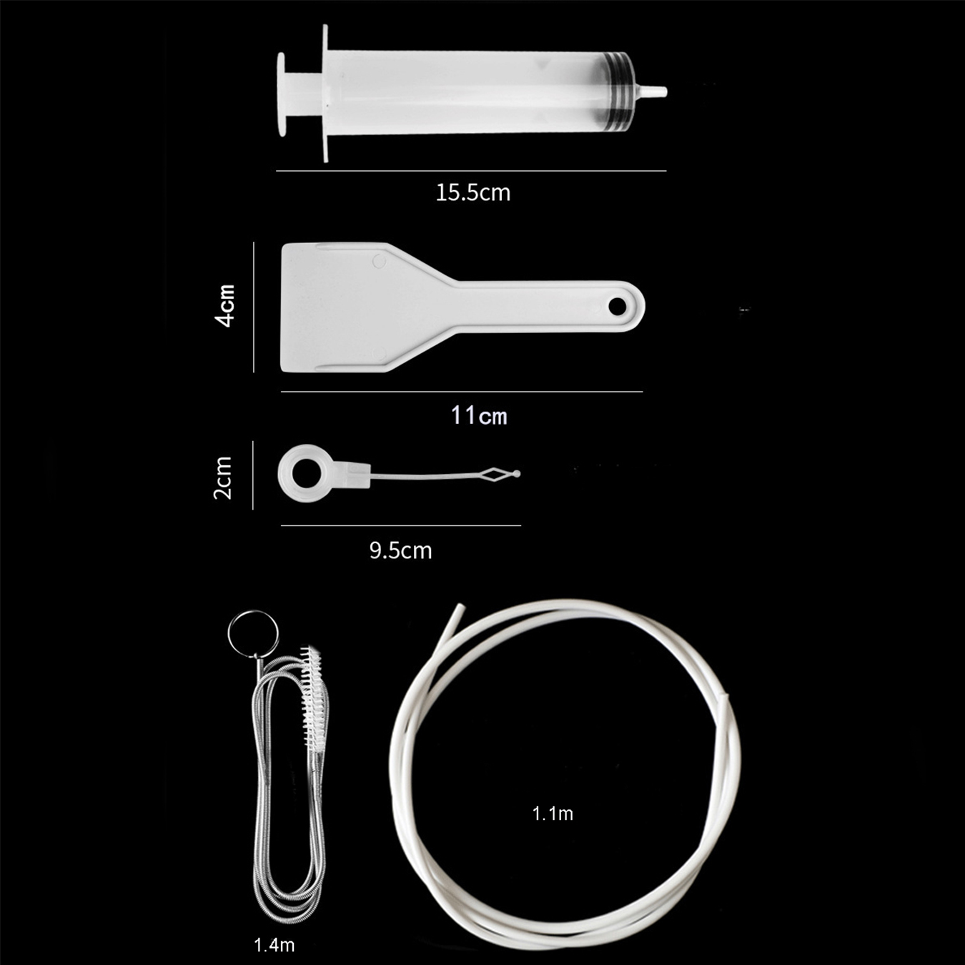 (5-tlg. Set) Kühlschrank Reinigungs Kit Abflussrohr Bürste mit Schlauch / Spritze / Schaber