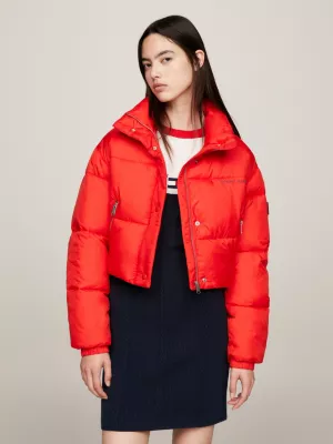 Jaqueta puffer cropped com logo