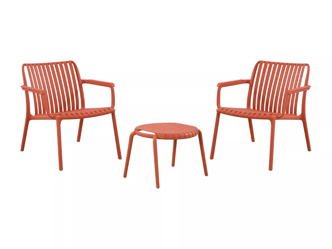 Salon de jardin en polypropylène : 2 fauteuils bas empilables et une table basse - Rouge - SESEH de MYLIA