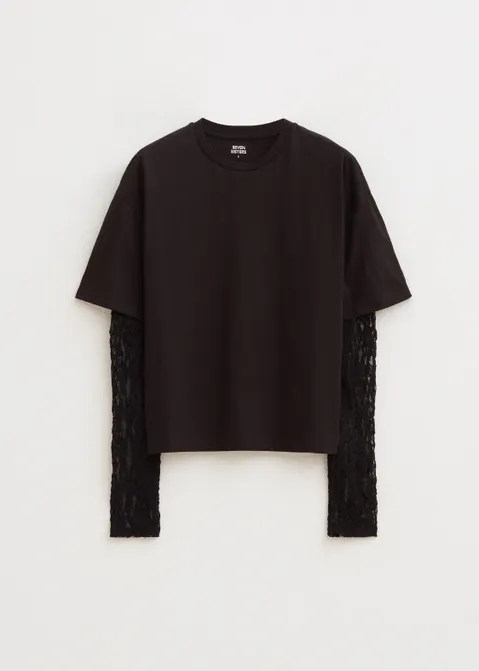T-shirt met kanten mouwen zwart (ZWART)