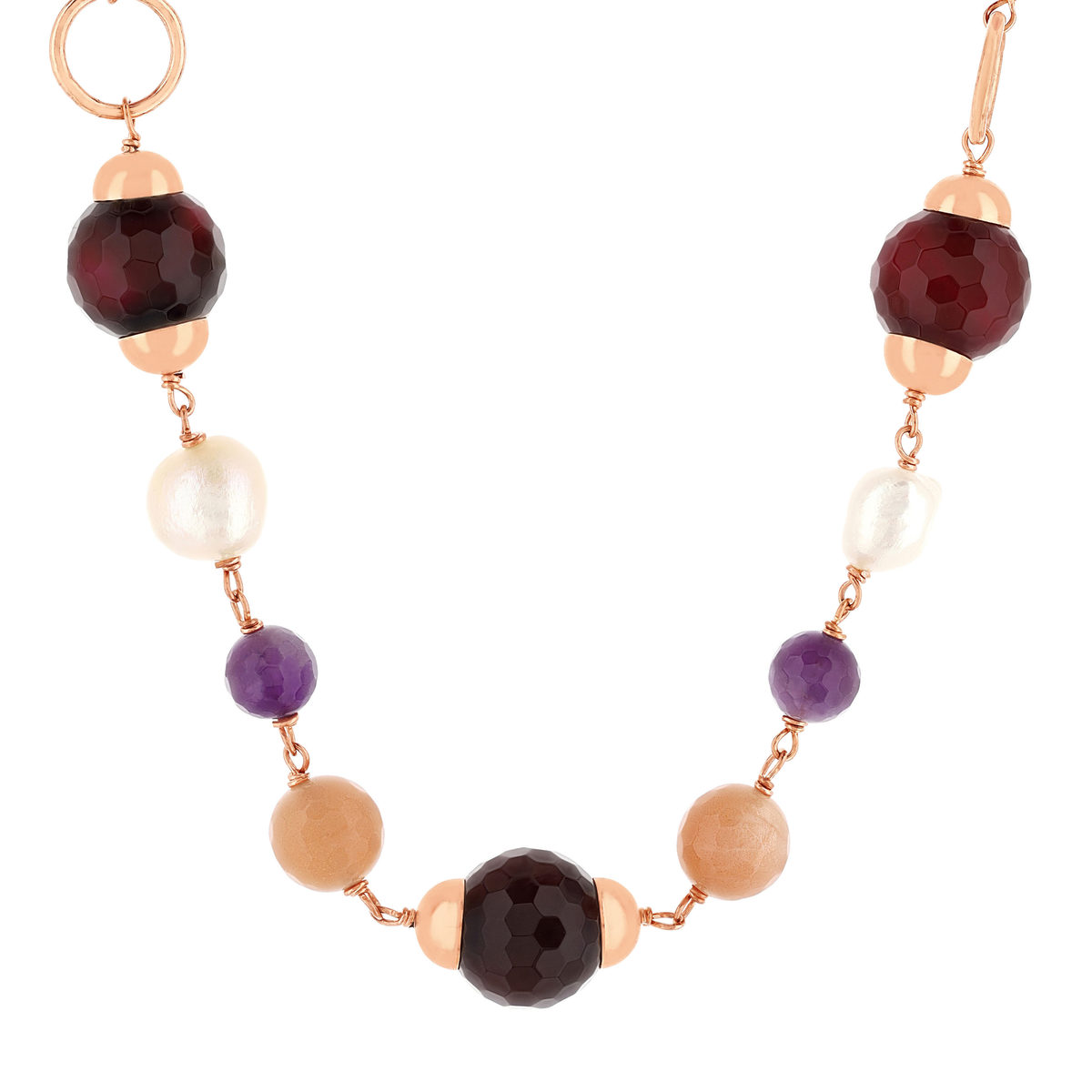 Collier argent 925 rose améthystes agates perles de culture Chine pierre de lune 43 à 50 cm