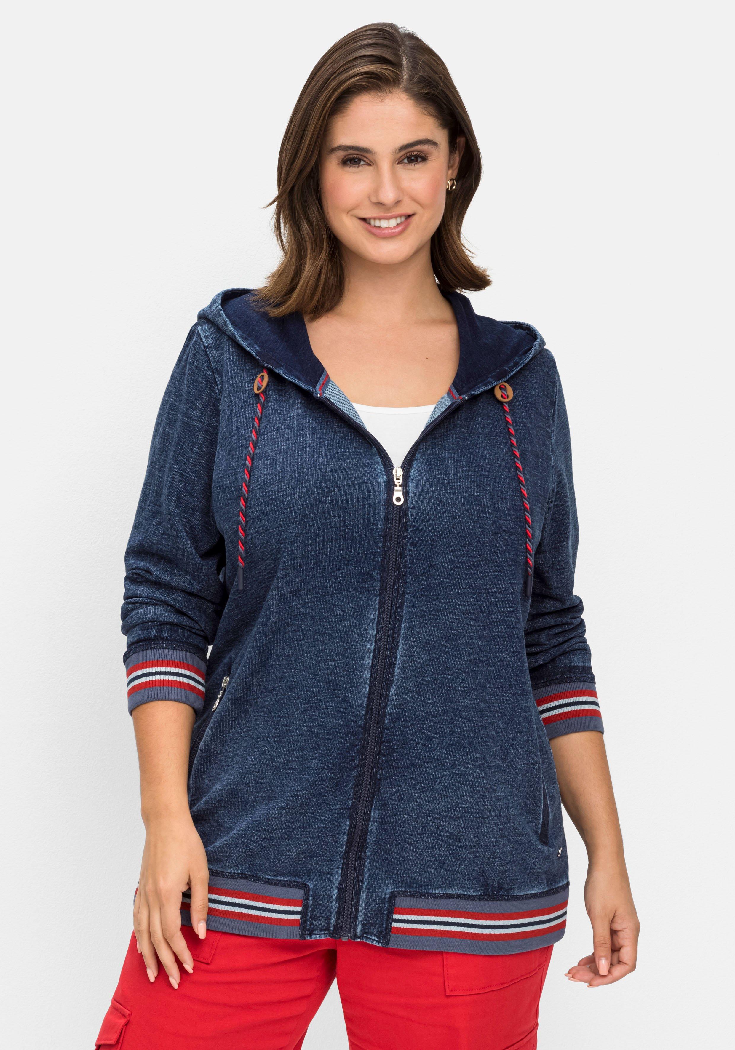 Sweatjacke in Denim-Optik, mit Streifenbündchen