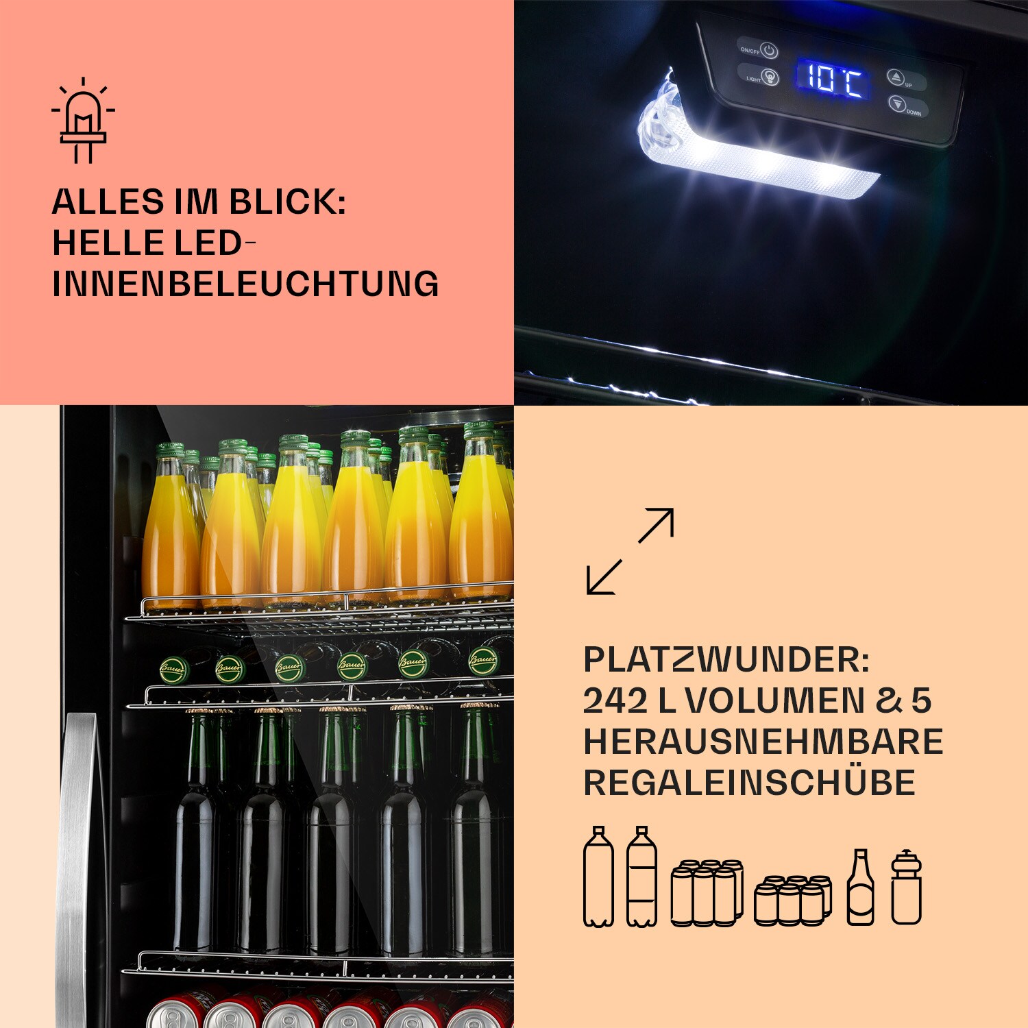 Beersafe 7XL Kühlschrank 242 Liter 5 Böden Panoramaglastür Edelstahl Onyx 242 Liter