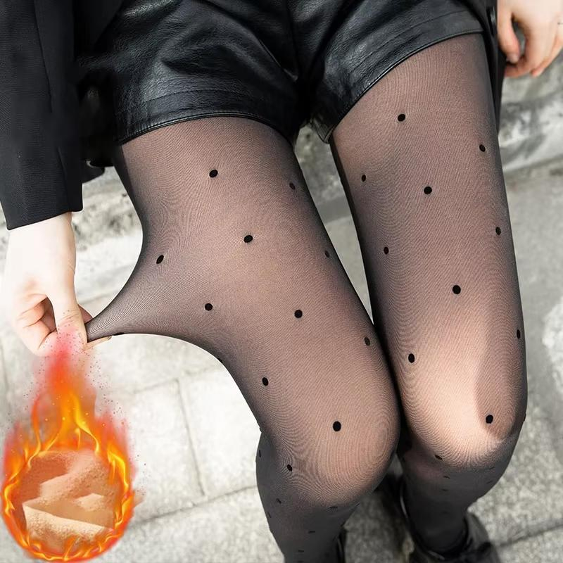 Elastische Winter Leggings Damen Strumpfhose gefütterte Fashion Stretch Plüsch Strumpfhose Punkte (One Size) - Schwarz