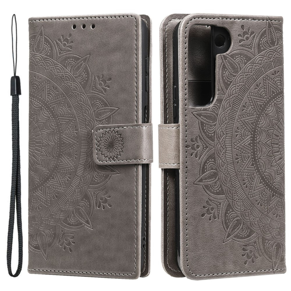 Samsung Galaxy S22 5G Leder Tasche Wallet - Mandala Flowers Imprint - Grau
