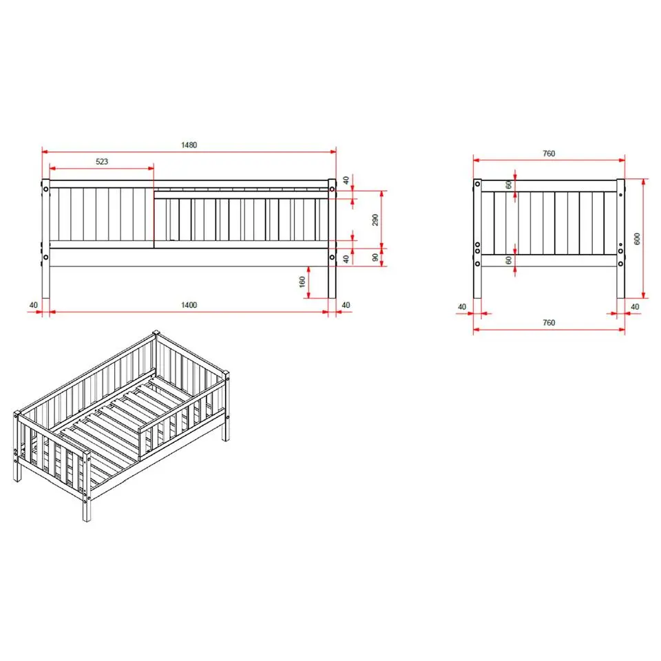 Peuterbed Petronille 70 x 140cm dennenhout - wit