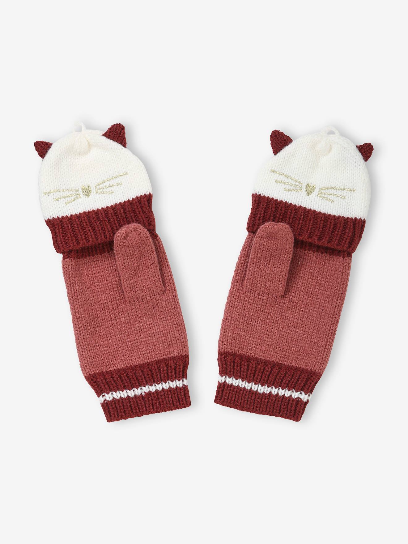Luvas de tricô/luvas com bordado de gato, modelo infantil rosa escuro liso