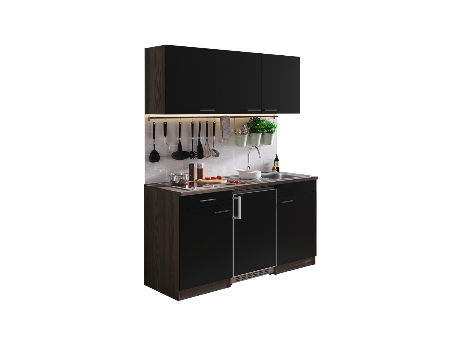 RESPEKTA Singleküche OLIVER - schwarz - Eiche York - mit E-Geräten - Glaskeramikkochfeld - 150 cm