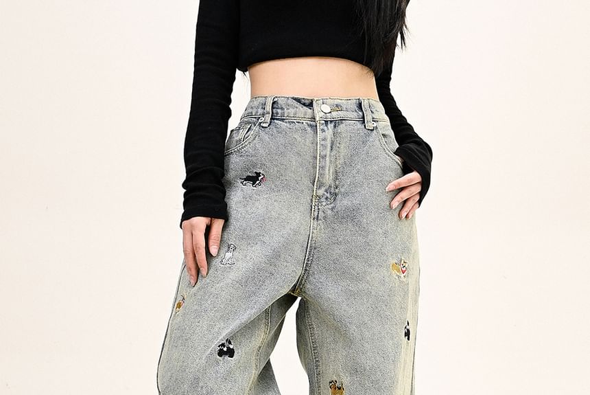 Moon City - High Rise Dog geborduurde gewassen wijde jeans