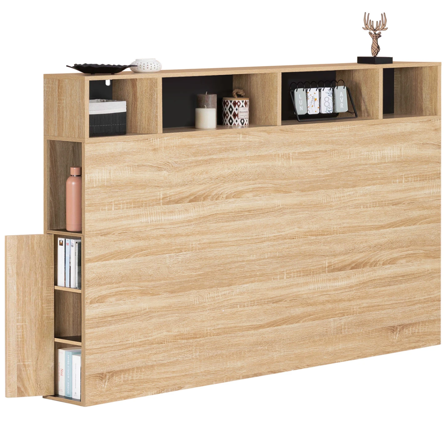 Tête de lit sur pied CLEO 165 cm avec rangements fermés et niches façon hêtre et noir