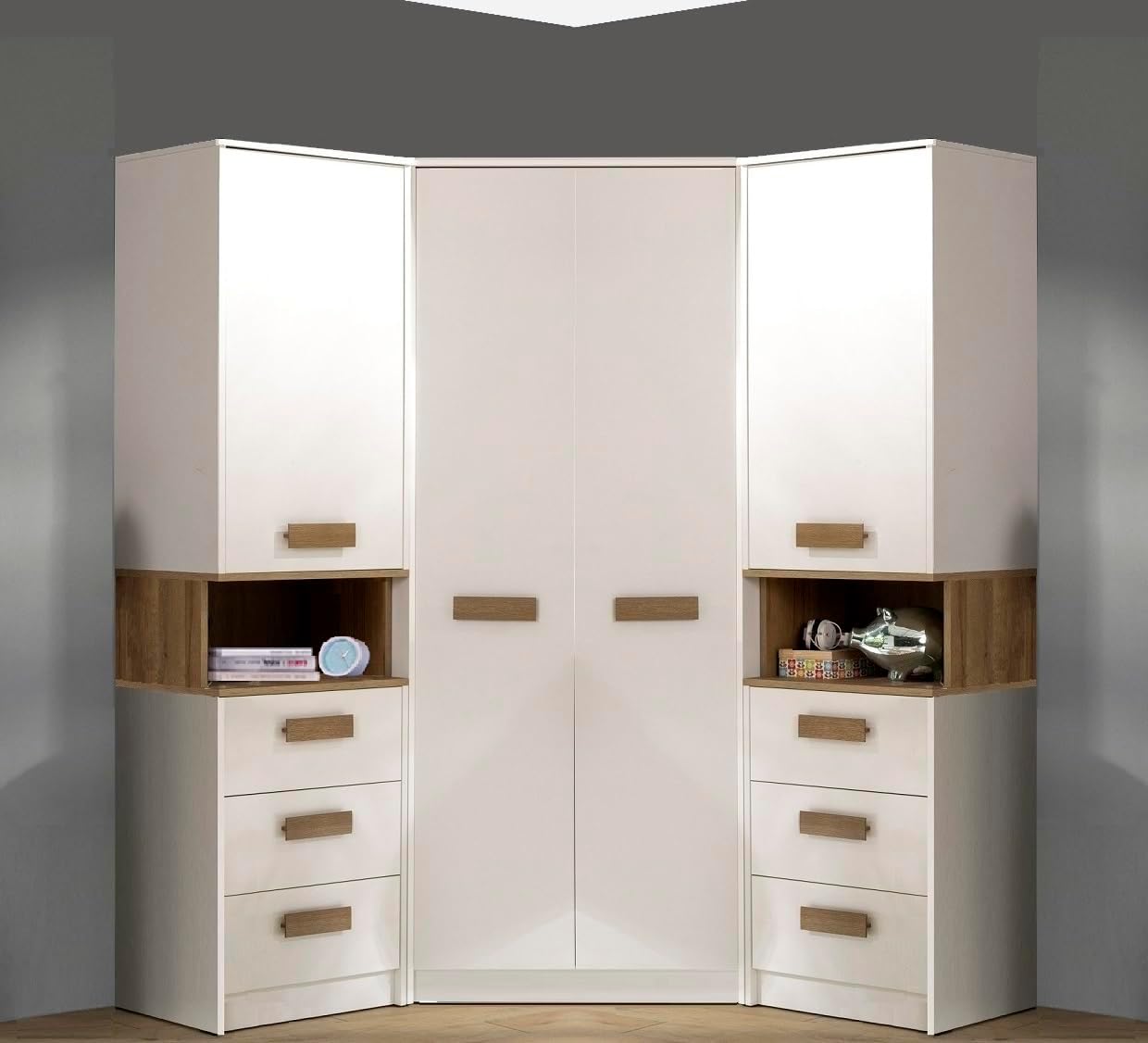 Marmex Grant G17 - Eckschrank 143x195x143 cm, 2 x Bücherregal, Eckgarderobe mit Kleiderstangen und Einlegeböden Set Garderobe für das Schlafzimmer, Jugendzimmer - weiß + Riviera Eiche