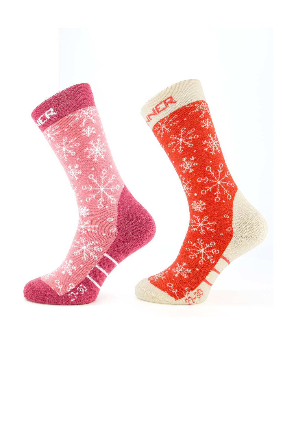 skisokken Snow - set van 2 koraalrood/roze/ecru