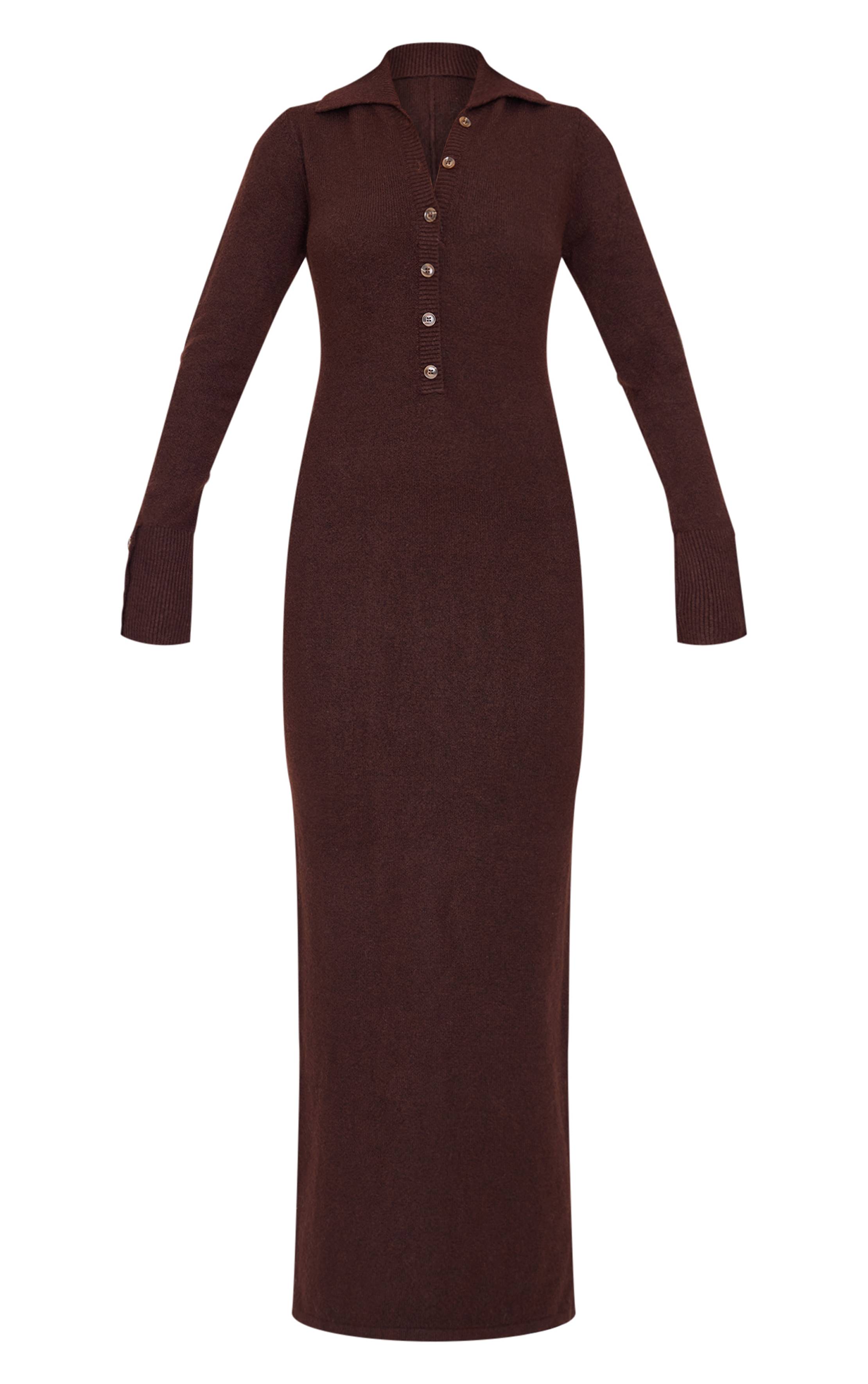 Chocolat Robe Maxi En Maille Bouclette Douce Avec Col Et Boutonnière