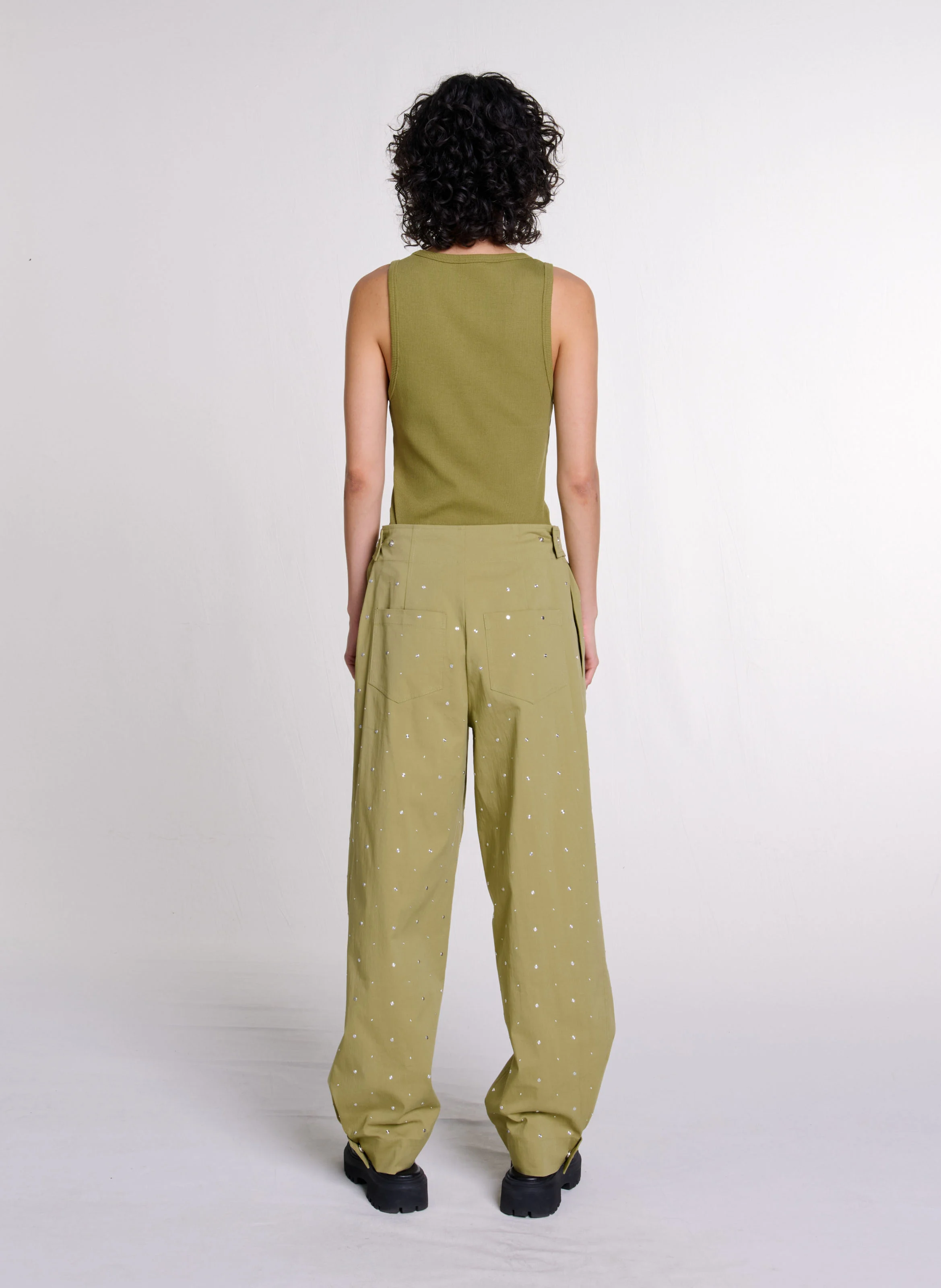 Pantalon large à rivets en coton mélangé | Kaki