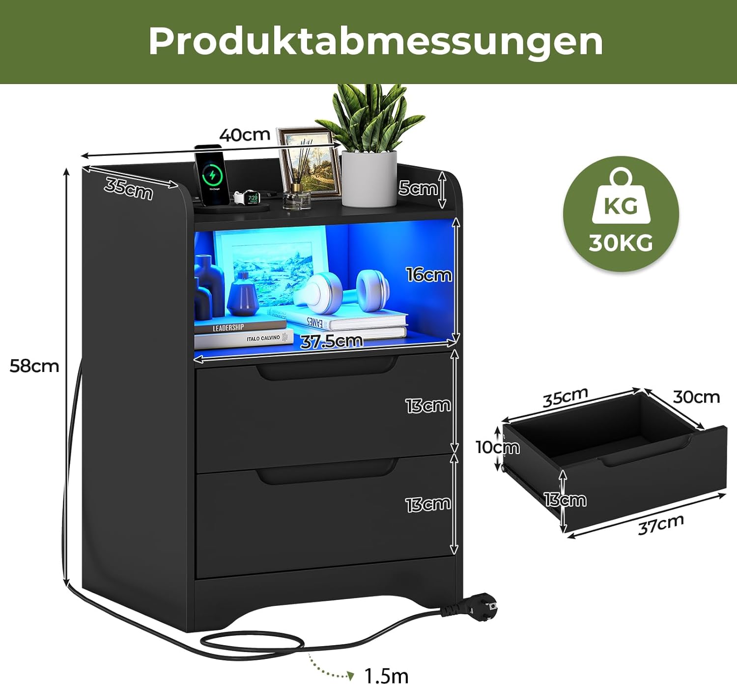 Nachttisch 2er Set Nachttische mit Ladefunktion und LED-Licht Nachtschrank 2er Set mit 2 Schubladen Nachttisch Schwarz Beistelltisch Schwarz Couchtisch Sofatisch für Schlafzimmer, Wohnzimmer