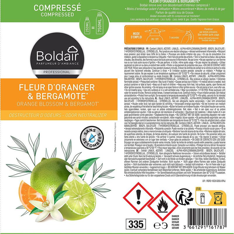 Destructeur d'odeurs Boldair Fleur d'oranger et bergamote - Aérosol 250 ml