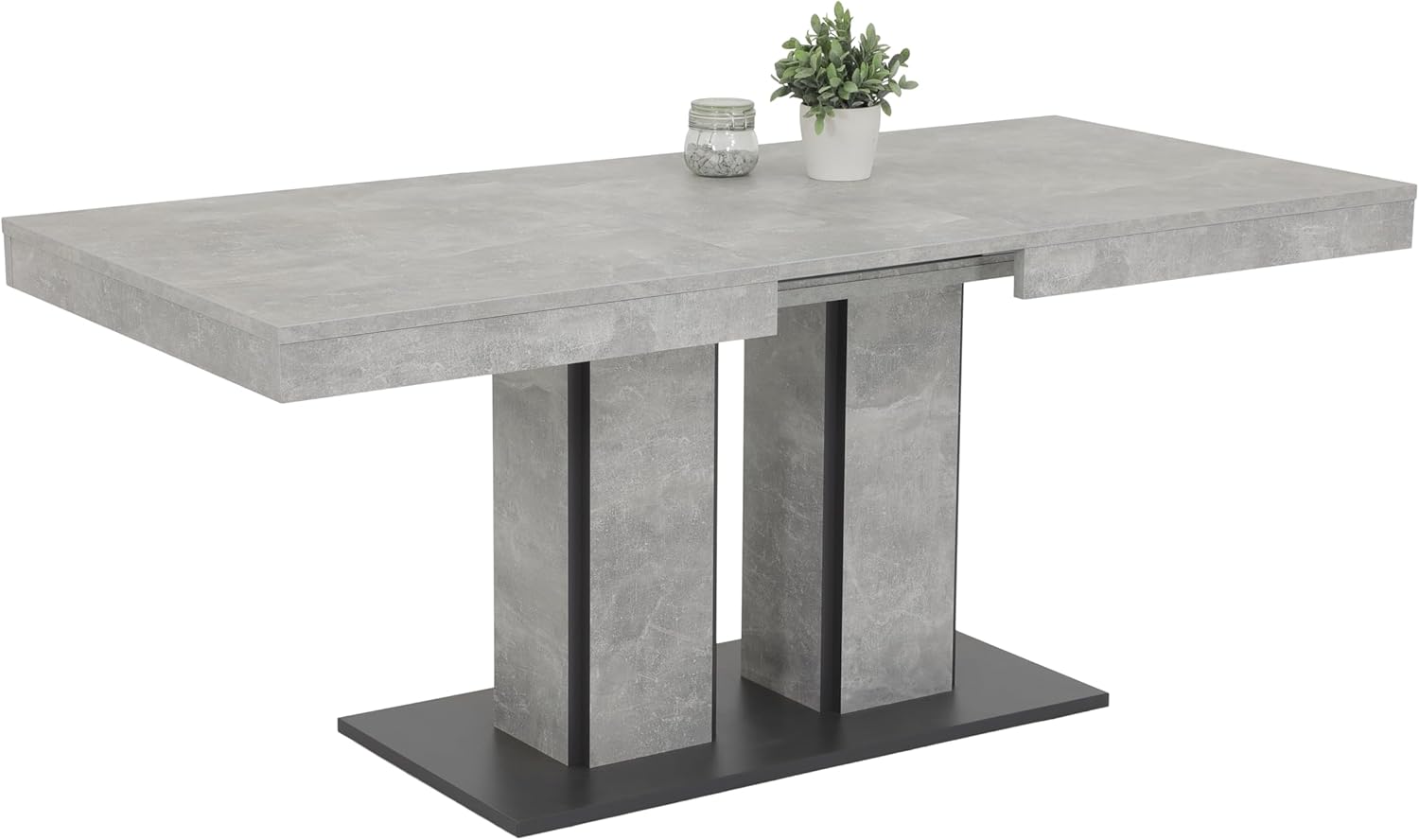 Hela Tische, Esstisch Säulentisch Rose, Holzwerkstoff meleminbeschichtet, Betonoptik,zwei Säulenfüße und Bodenplatte, ausziehbar 140-180x80cm