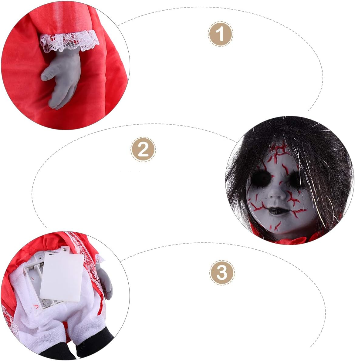 (30cm) Halloween Horror Puppe Party Deko Laufende Babypuppe mit Grusel Musik / Licht (Batteriebetrieben) - Rot / Schwarz