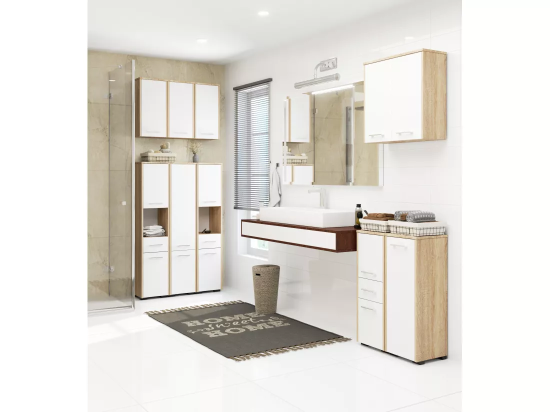 Colonne salle de bains AKORD FIN Chêne Sonoma 30 cm 2 portes 1 tiroir façade Blanche 5 étagères 30x30x140 cm