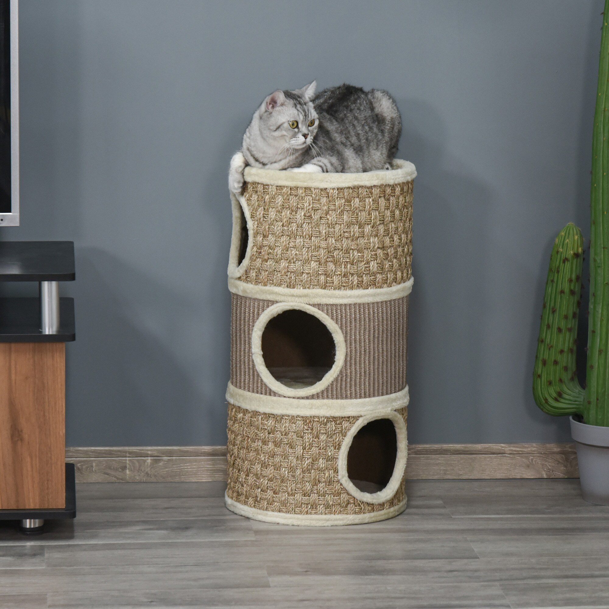PawHut Katzenkratzturm 3 Stockwerke, Kratzbaum Khaki, Braun 37,5 x 37,5 x 70 cm (LxBxH)