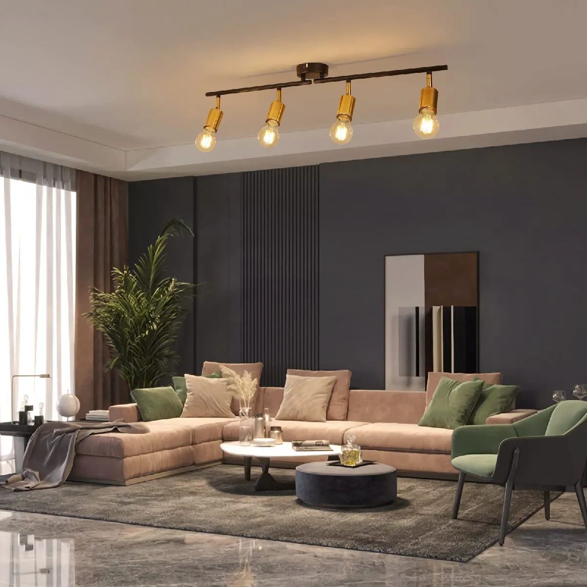 NETTLIFE 4 Spots Plafonnier Vintage - Noir et Or