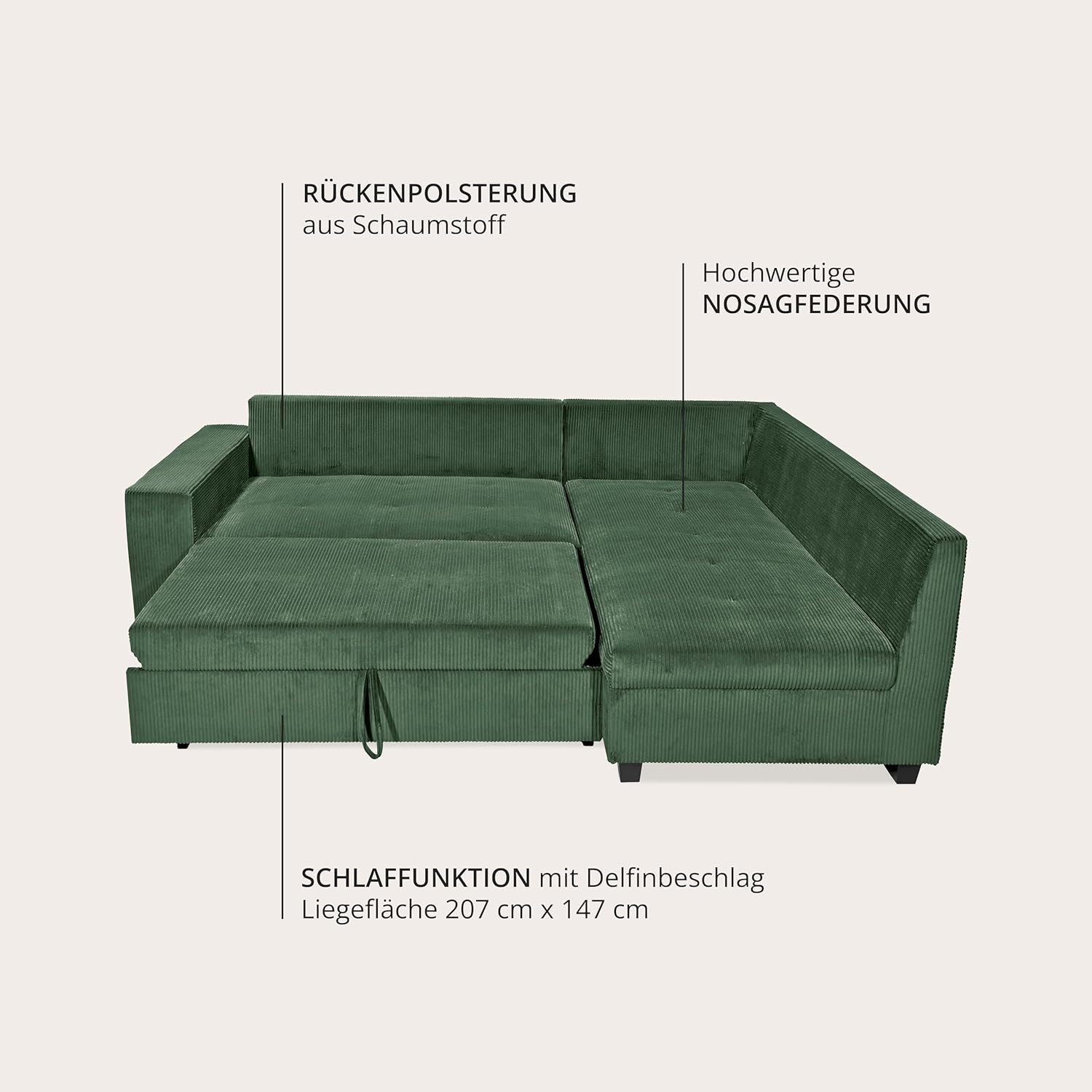 Ecksofa L-Form aus Cordstoff mit Schlaffunktion, grün (Wintermoss) – Liegefläche 147 × 207 cm, Breite 243 cm, Sitzhöhe 45 cm, Modell MIRA