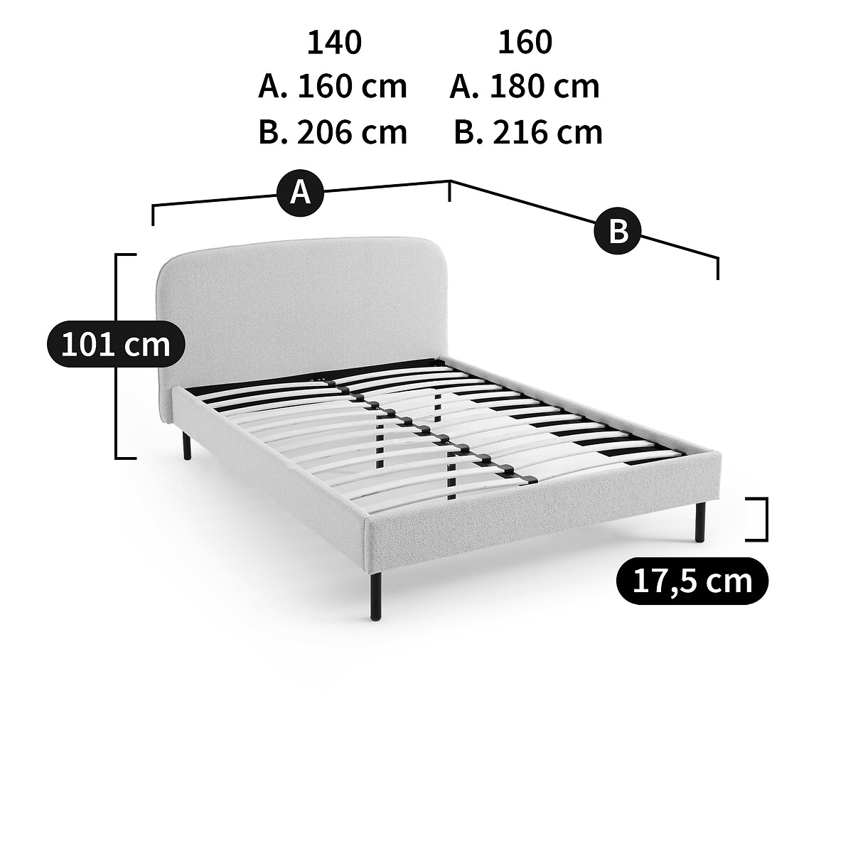 LA REDOUTE INTERIEURS<br>Cama estofada em tecido bouclette, com base de ripas, Conto