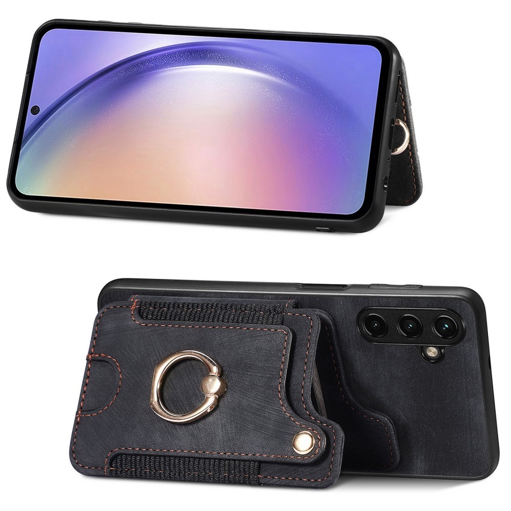 Samsung Galaxy A54 5G Necklace Leder Hülle mit Kartenfächer   Finger Griff Halterung   Handykette (RFID Schutz) - Schwarz