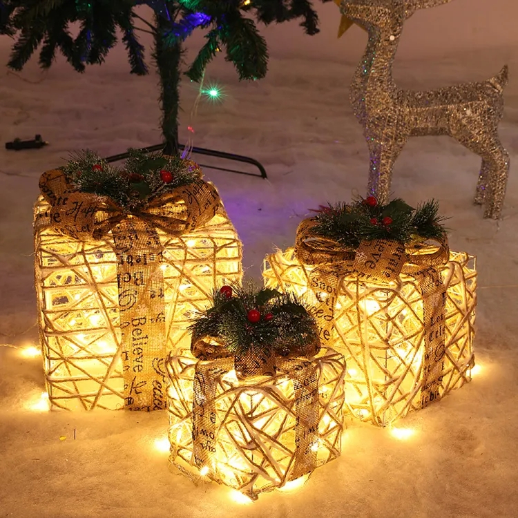 (3er Set) LED Christmas Geschenke Weihnachts Home Deko (Batteriebetrieben) - Weiss / Braun
