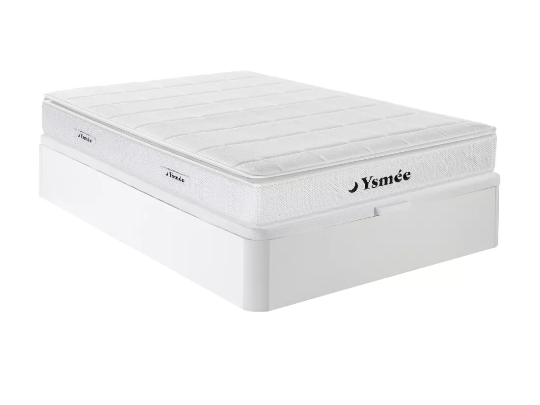 Ensemble 140 x 190 cm sommier coffre blanc + matelas hybride ressorts ensachés accueil nano ressorts + mémoire de forme ép.32cm - IPOH de YSMÉE