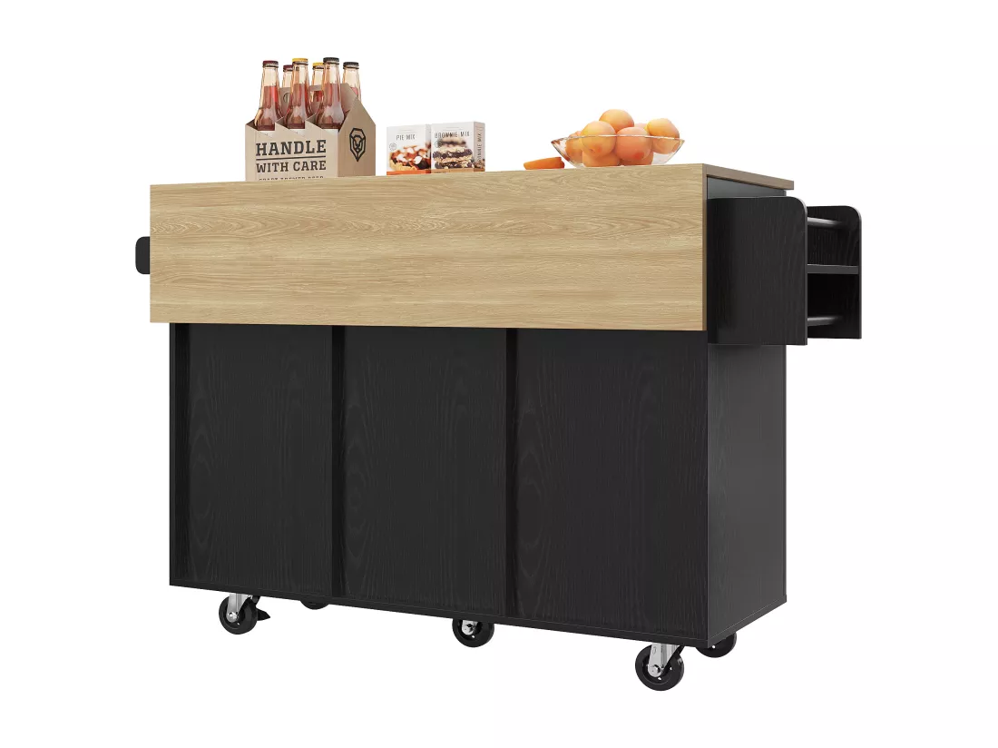 Ilot central de cuisine - chariot à roulette avec plateau extensible - 3 tiroirs et 2 portes - Noir