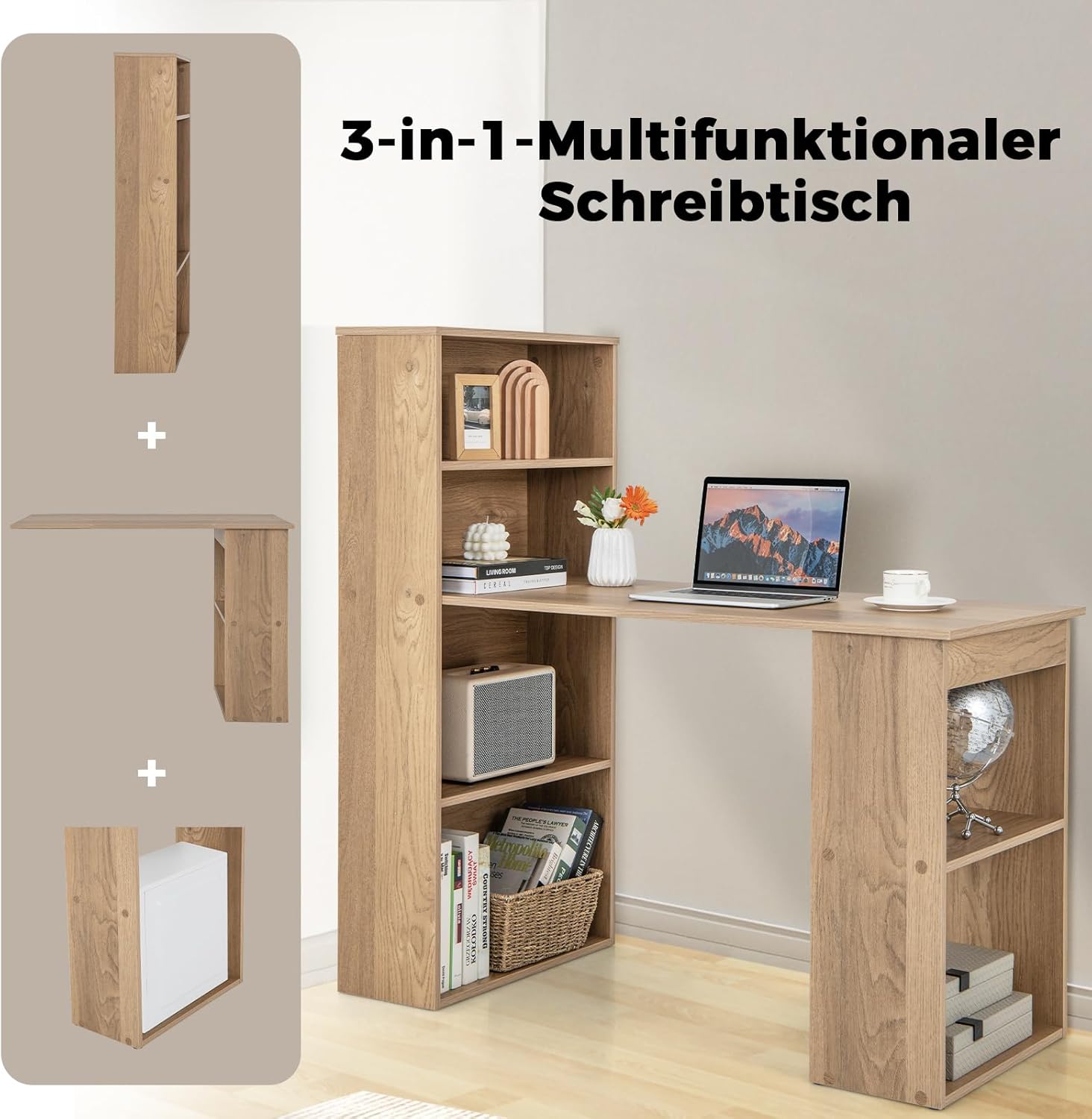 COSTWAY Schreibtisch mit Bücherregal, Computertisch mit 6 Regalen, PC-Tisch mit Regal rechts oder Links, Bürotisch, Arbeitstisch für Zuhause, Büro und Wohnheim, 122 x 56 x 122 cm (Natur)