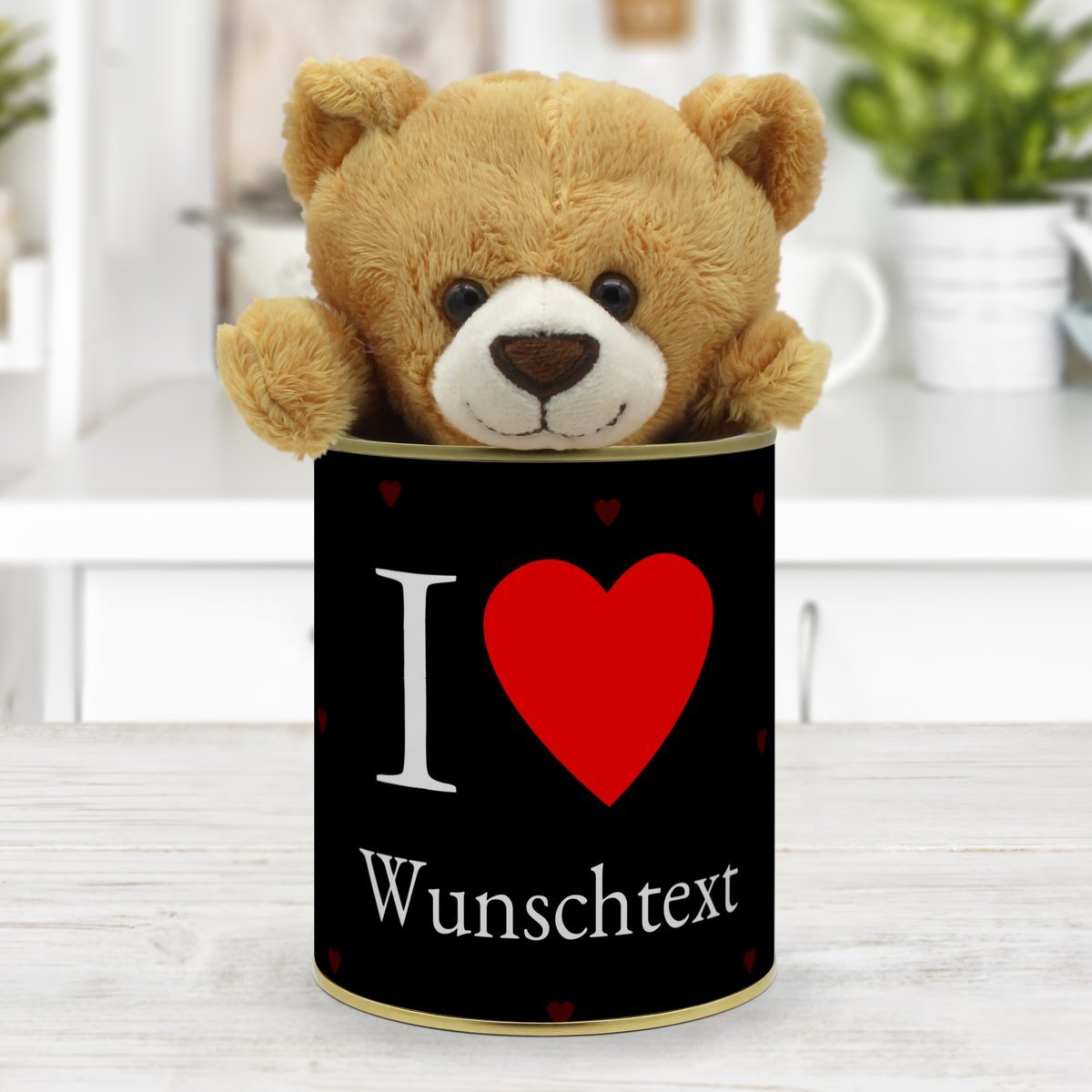 Personalisierte Geschenkdose - Teddybär (Motiv: Liebesherzen)