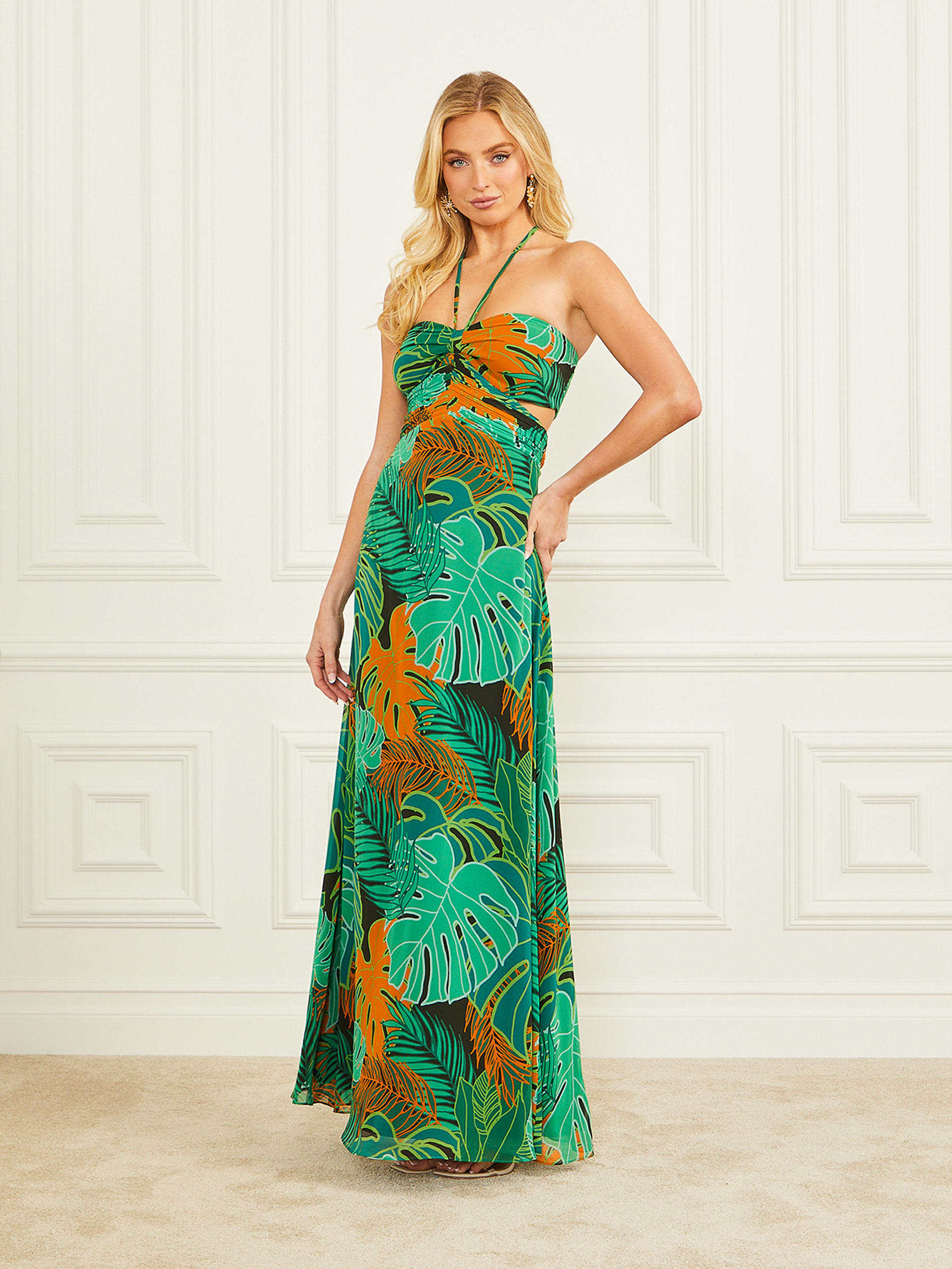Vestido longo de seda com estampa de folha amazônica