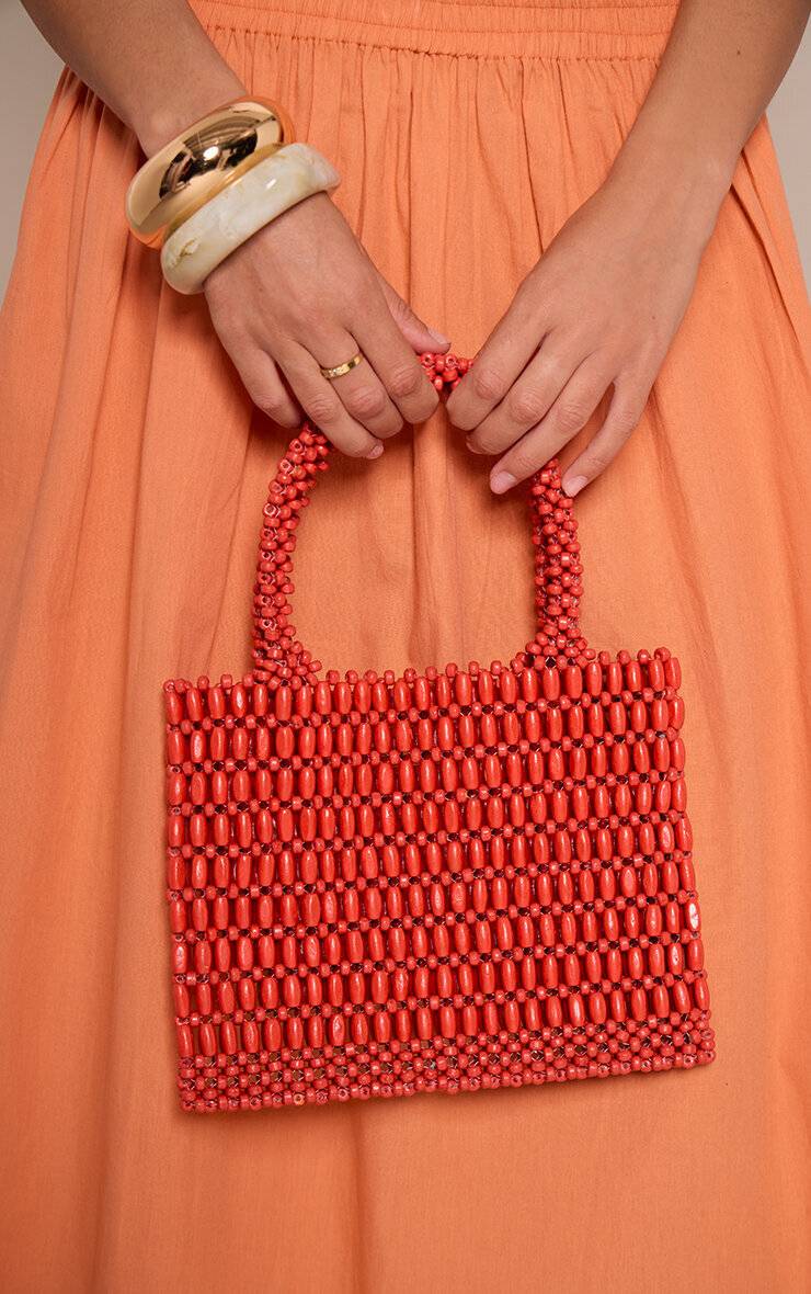 Orange Mini Sac À Main En Perles De Bois