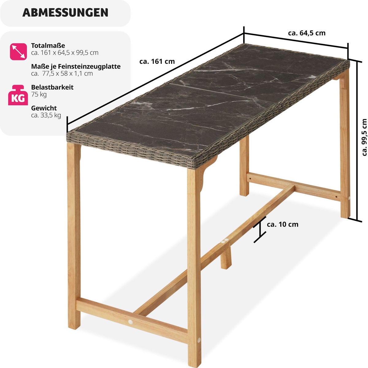 Rotan tafel tectake Lovas met aluminium en houten frame 161 x 64,5 x 99,5 cm