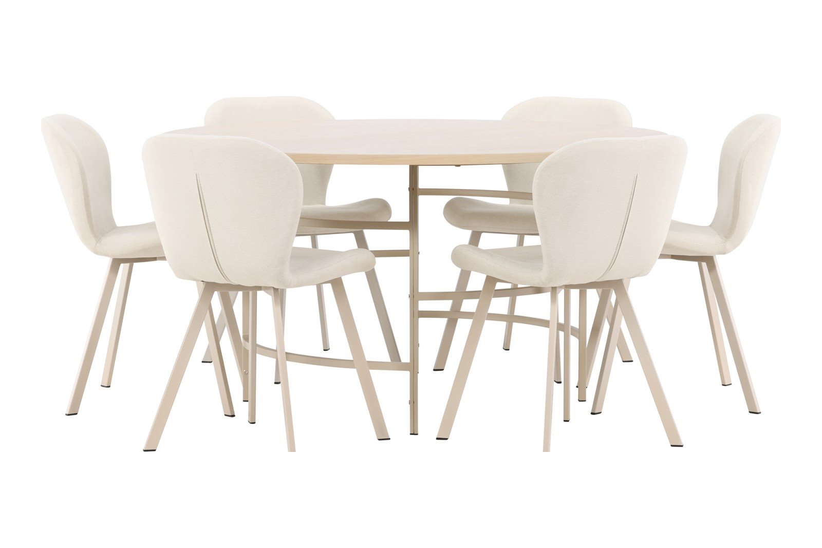 Copenhagen og Lilja Spisegruppe Copenhagen rundt spisebord Ø140 cm i hvit polert med 6 stk. Lilja spisestoler i Beige spisestoler og hvite ben.