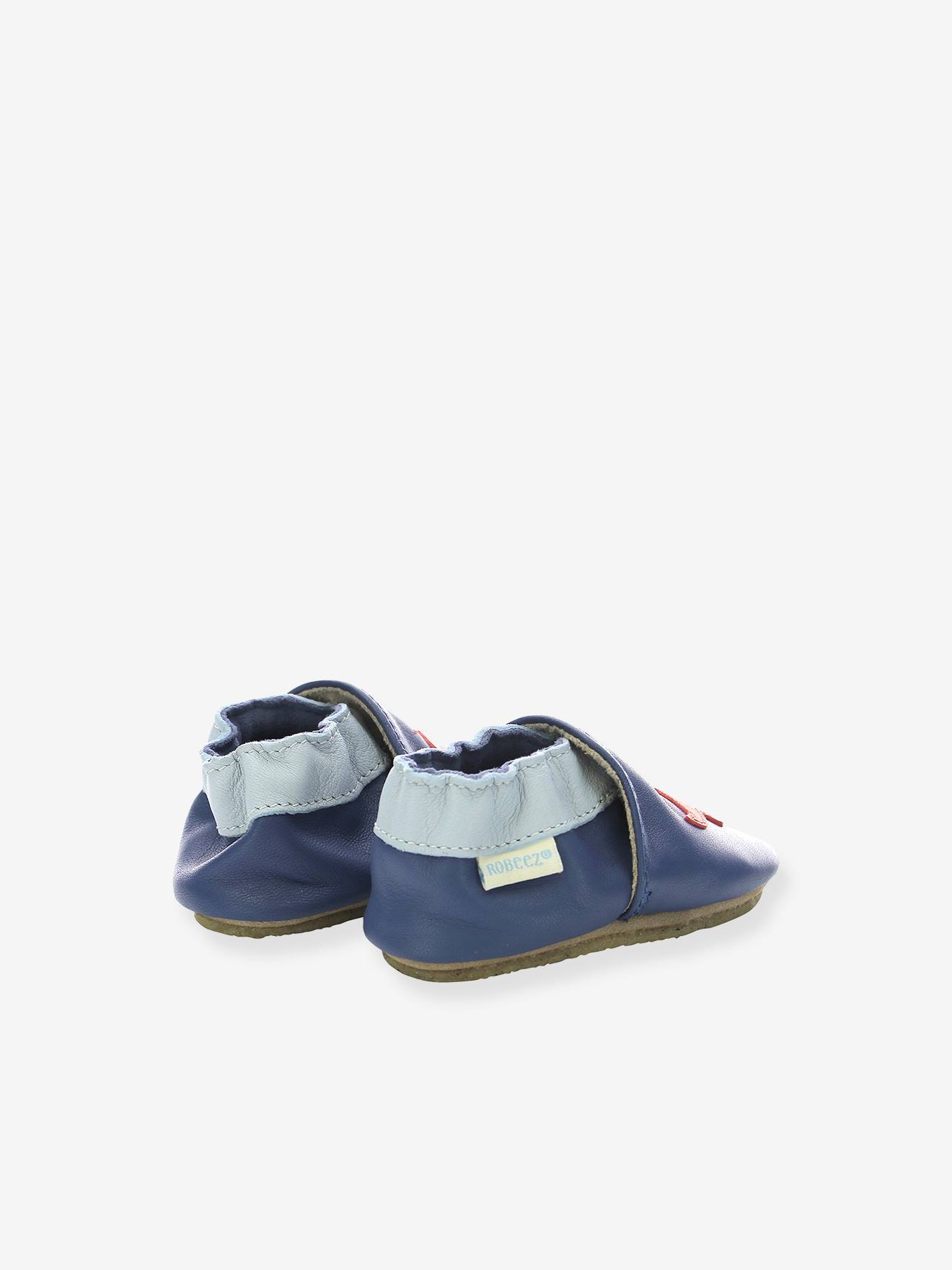 Pantufas de bebê ROBEEZ© Dino Time em couro leve, azul escuro liso com estampas.