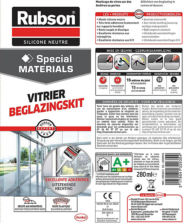 Mastic Rubson Special Materials Vitrier transparent cartouche 280ml