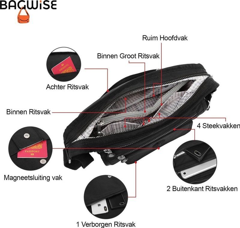 Bagwise - Crossbody Schoudertas - Zwart - Crinkle Nylon - Sportief