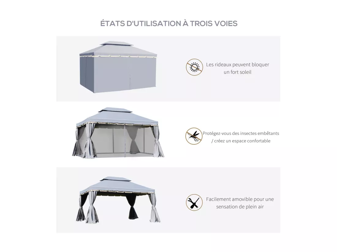 Tonnelle barnum pavillon de jardin style colonial double toit toile moustiquaires et toiles amovibles 3,9L x 2,9l x 2,8H m gris
