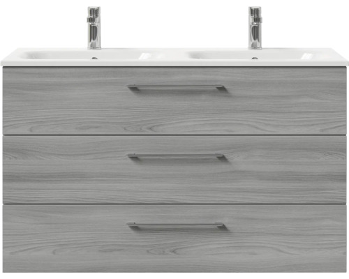 Pelipal Sunline 121 badkamermeubelset (B x H x D): 121 x 74 x 46 cm, frontkleur sangallo grijs, met dubbele wastafel van mineraal gegoten mineraal en badmeubel met 3 laden